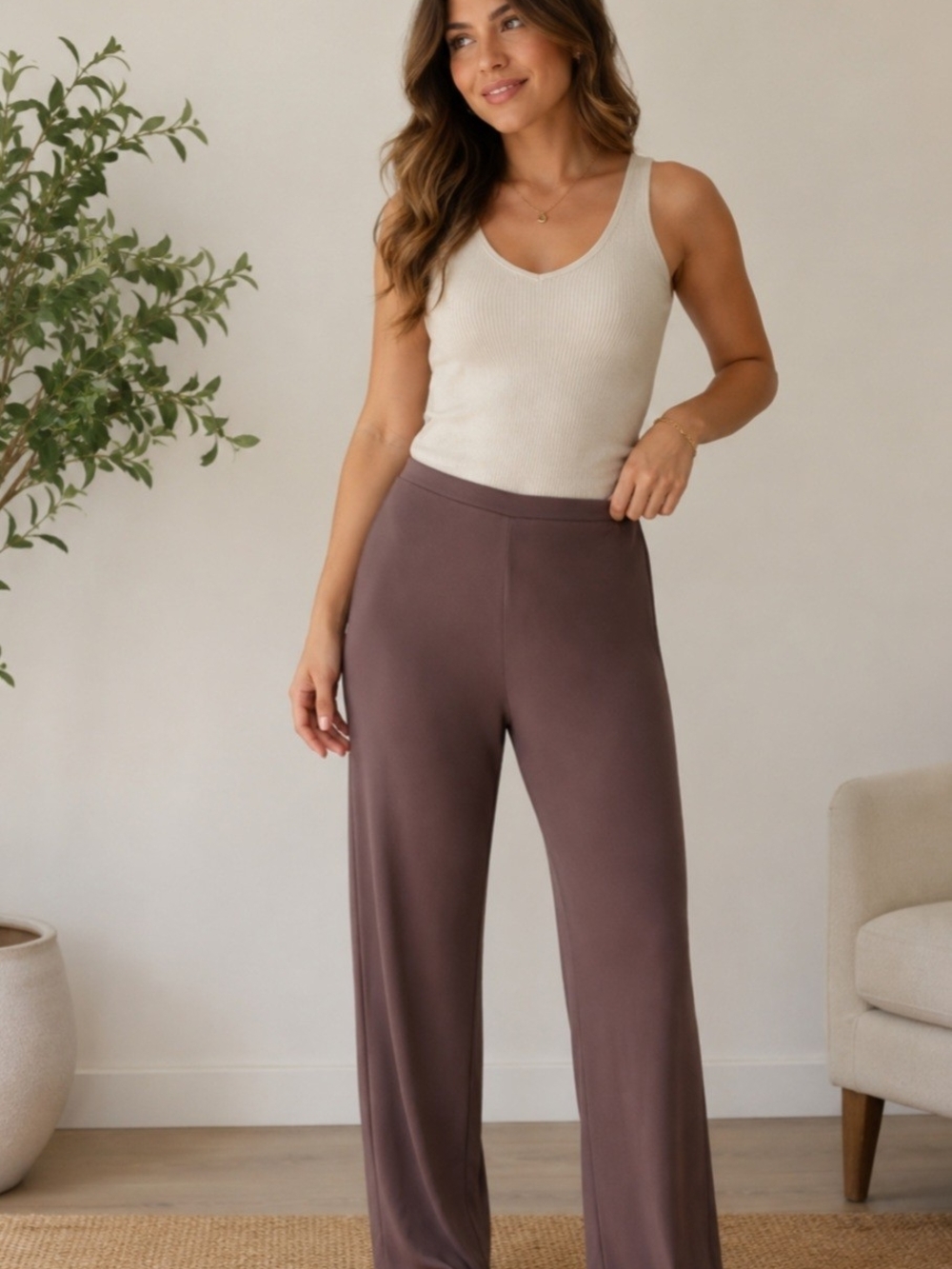 Express Wide-Leg Knit Pants in Mauve Brown